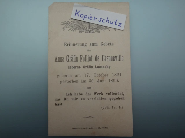STERBEBILD ANNA GRÄFIN Folliot de Crenneville gestorben am 30.6.1896