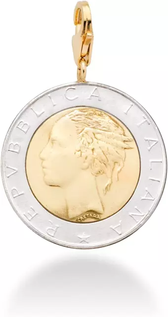 18K Gold over Sterling Silver Genuine Italian 500 Lira Coin Medallion Pendant