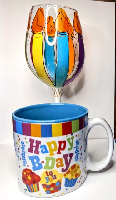 Happy Birthday Gift Lot: Hand Painted Birthday Candle Wine Glass & Cupcake Mug