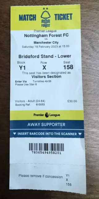 Nottingham Forest v Manchester City 18/02/2023 Ticket Stub