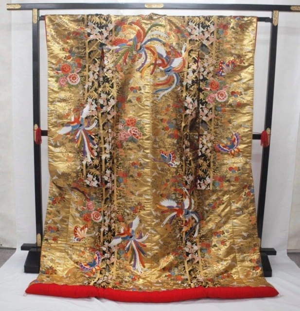 Japanese Kimono Uchikake Luxurious Wedding Pure Silk BlackGold Butterfly Phoenix