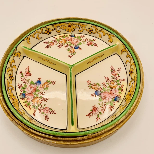 Antique 1920’s Moriyama Morimachi Japan Hand Painted Divided Dish original case