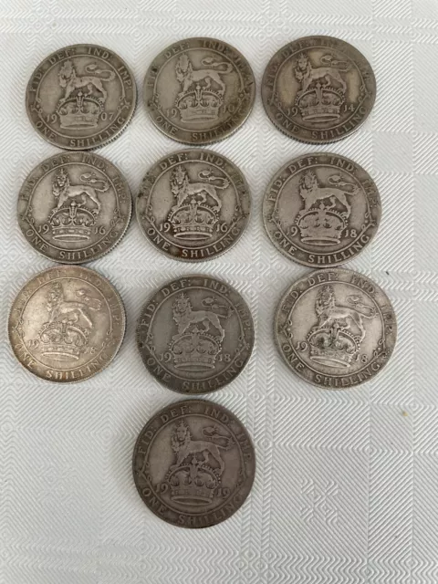 British King George V, Silver One Shilling coins, Various Dates, x 10 coins