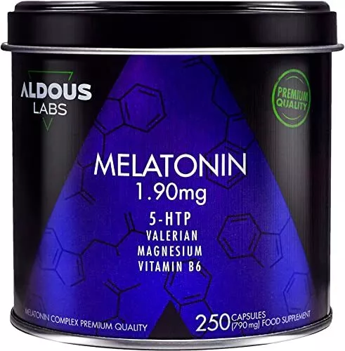 250 Gélules de Mélatonine 1,90mg - 250 Nuits (+8 Mois) | Avec 5HTP, Magnésium, V