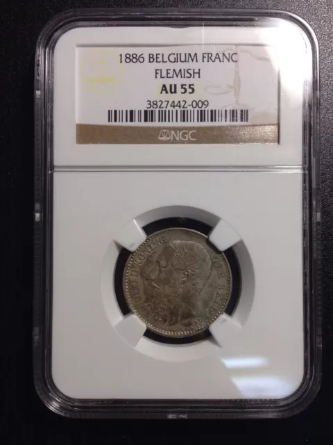 Rare Key Date 1886 Belgium Flemish KM-29.1 1 Franc, NGC AU 55