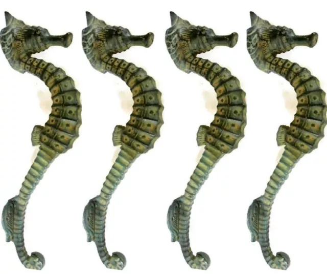 4 small SEAHORSE PULL handle 27cm brass door aged GREEN old style house  10" B