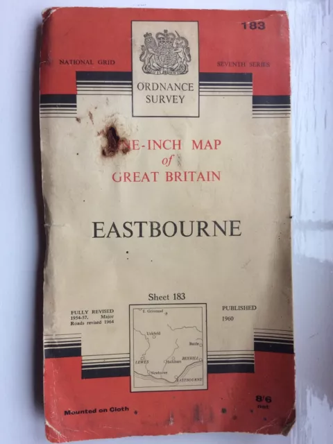 1960 vintage OS Ordnance Survey one-inch seventh Series Map 183 Eastbourne