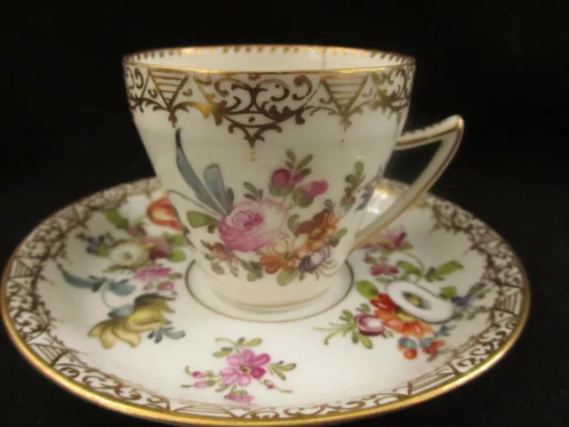 *Antique Gilded Dresden Coffee Cup And Saucer - Floral A/F [79]