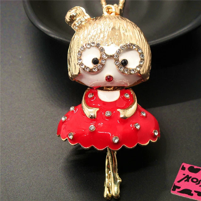 Fashion Women Red Rhinestone Cute Enamel Glasses Girl Pendant Chain Necklace