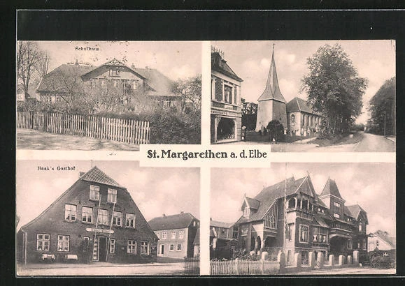 AK St. Margarethen /Elbe, Haak´s Gasthof, Straßenpartie mit Kirche, Schulhaus