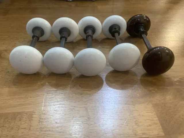 Lot of 5 Antique Vintage White Porcelain Door Knob sets, 1 brown