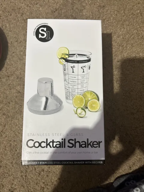 Cocktail Shaker Stainless Steel & Glass w/ Recipes New