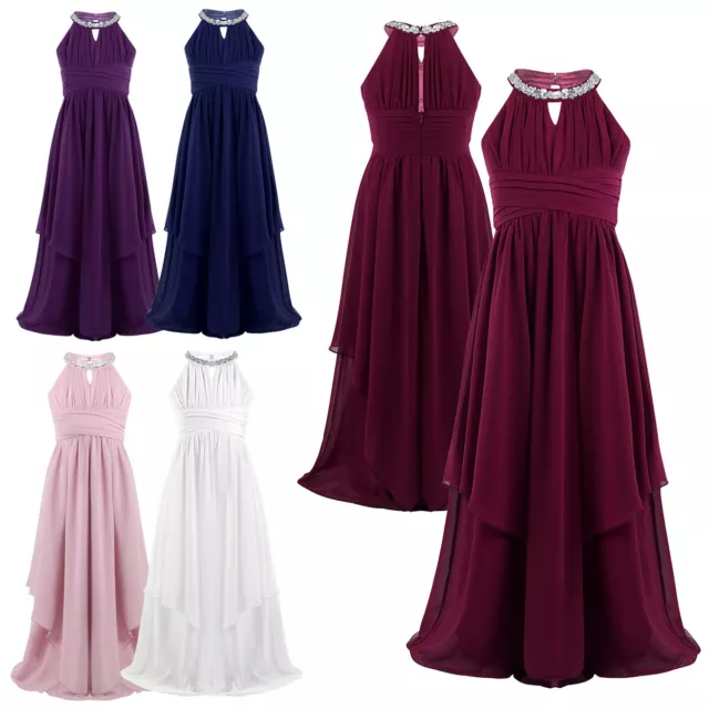 Kids Girls Flower Dress Chiffon Wedding Bridesmaid Halter Formal Party Ball Gown