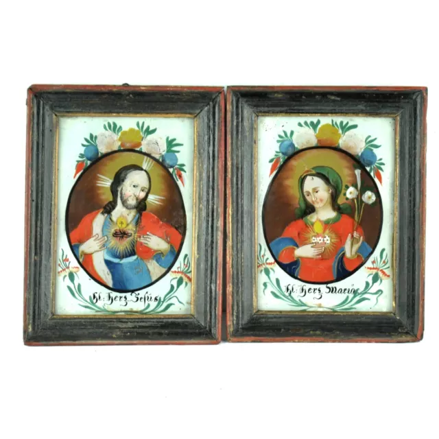 P. Hinterglasbilder "Herz Jesu Herz Maria" Staffelsee, je 15/19 cm alte Rahmung
