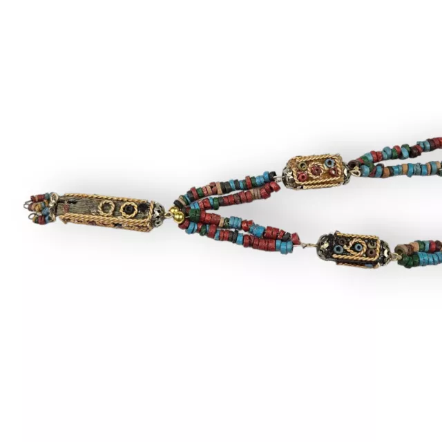 Vintage Egyptian Mummy Bead Necklace Double Strand Tassel Colorful Handmade 21" 3