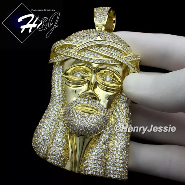 Men 14K Gold Plated Icy Bling Cz Oversize Gold 3D Jesus Face Pendant*Bgp2