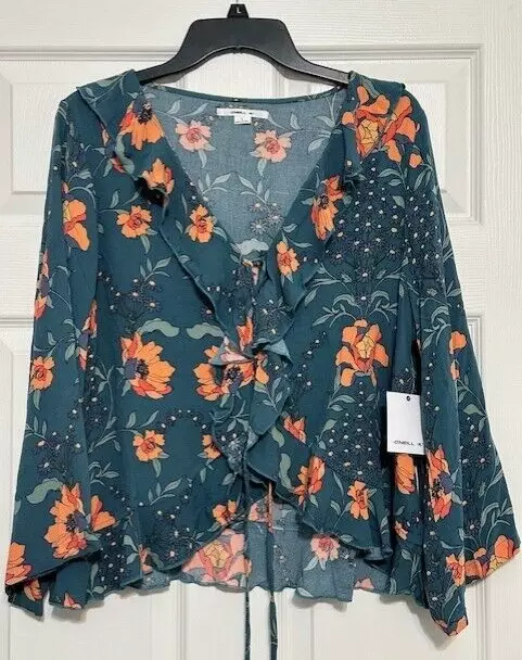 Women's O'Neill Blue Orange Floral Print Ruffle Lace Up Smock Blouse Size L