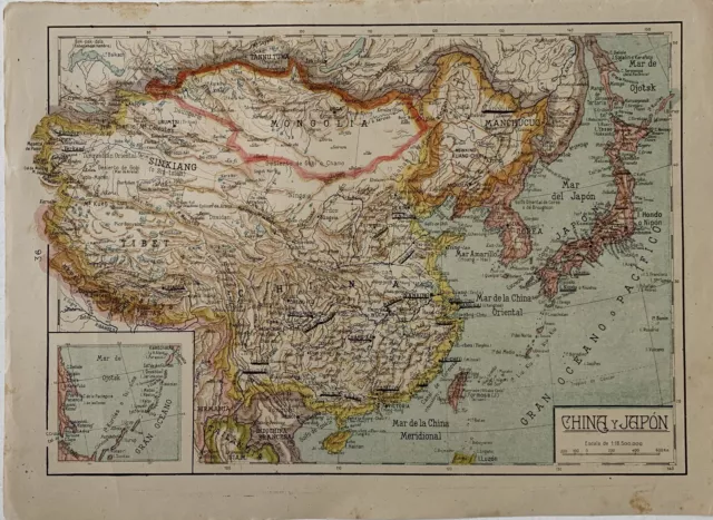Mapa de China y Japón. Litografia alrededor de 1900.