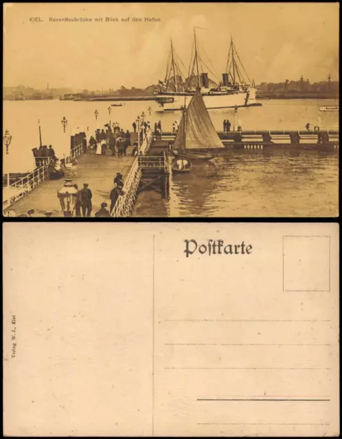 Kiel Panorama-Ansicht Reventloubrücke mit Blick auf den Hafen, Segelschiff 1910