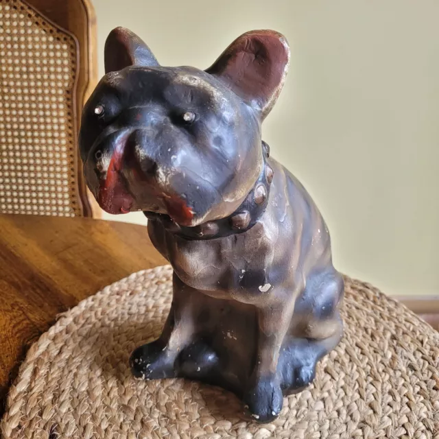 Vintage Chalkware French Bulldog Statue Figure Rhinestone Eyes Large 10.5"