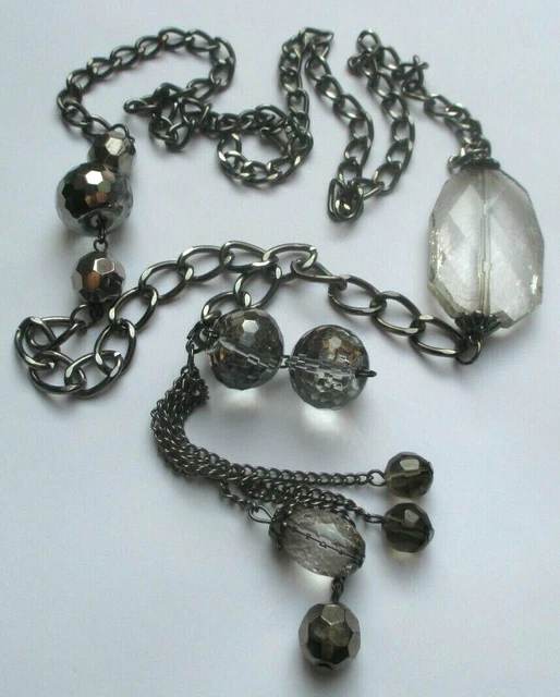 Collier Sautoir Vintage Argenté Avec Perles Et Nœud Coulissant – Longue Chaîne, Parfait état