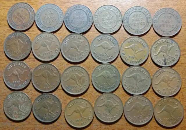 Half Penny Australian Part Set 1934 to 1964 KGV To QEII x24 Coins Circulated