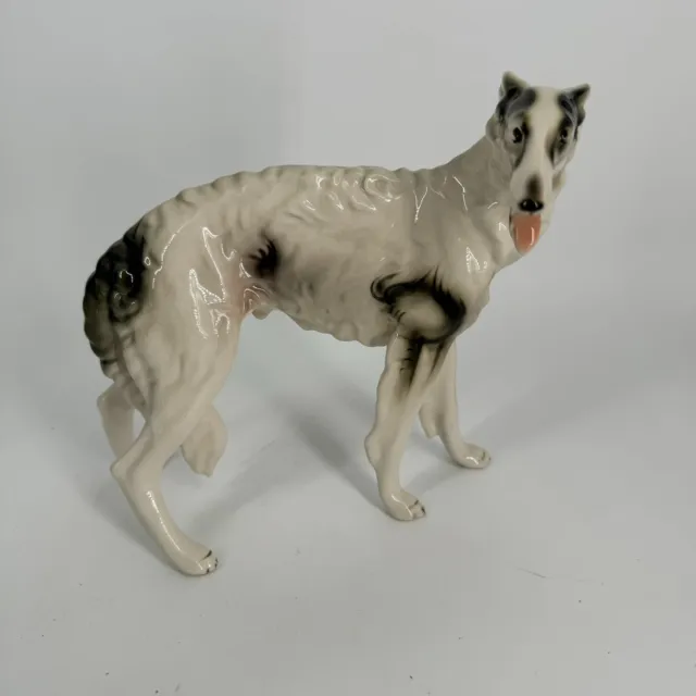 BORZOI KERAMOS? AUSTRIA? BLACK/WHITE Ceramic DOG Russian Hunting Dog figurine