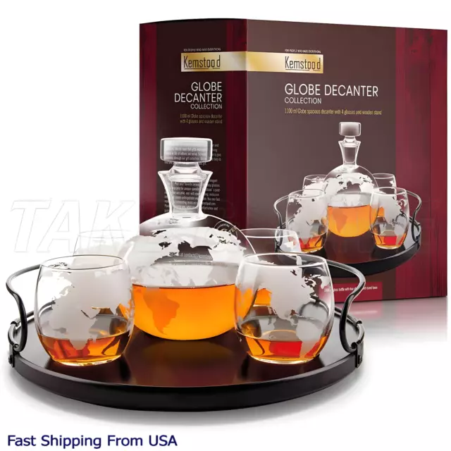 Whiskey Decanter Set Etched Globe Wine Decanter with 4 Etched Glasses & Tray