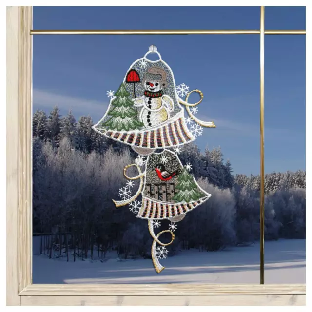 Fensterbild Glocken Schneemann und Vogel Plauener Spitze Weihnachts-Deko grau