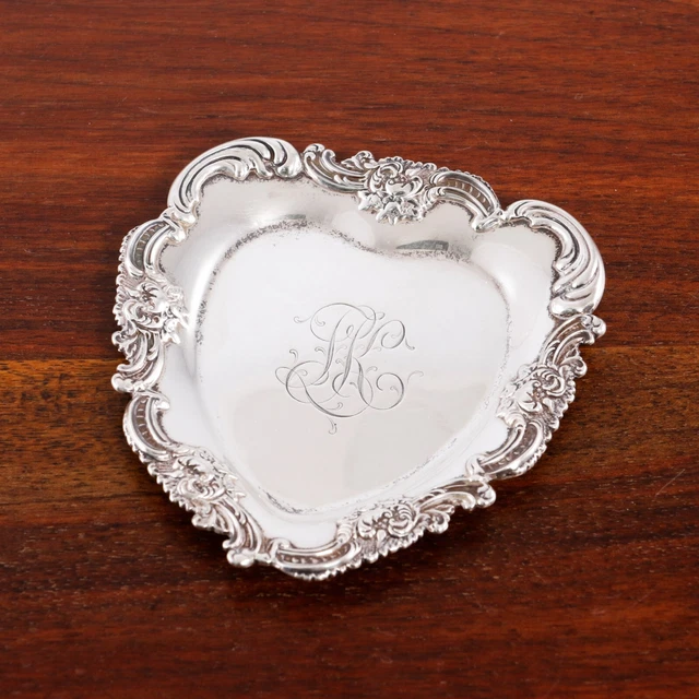 Shiebler Sterling Silver Jewelry, Pin Tray #4438 Heart Shaped Floral & Scroll