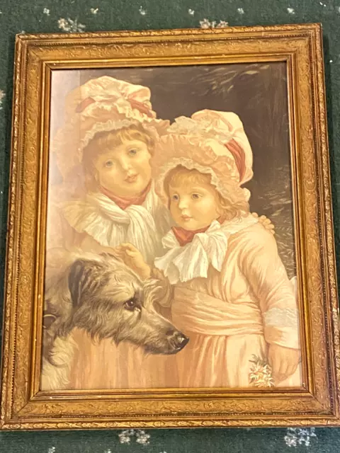 Rare Large Scottish Deerhound Colour Dog Print 1890 Framed "Rex & His Owners"