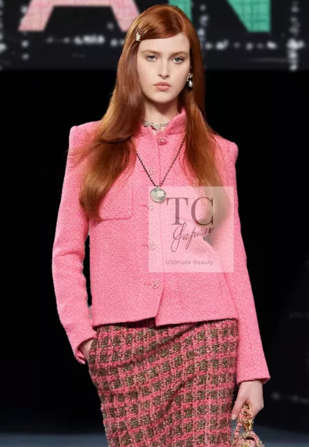CHANEL 22A Pink Wool 100% Tweed Stand Mandarine Collar Jacket 34 36 US2 Pristine