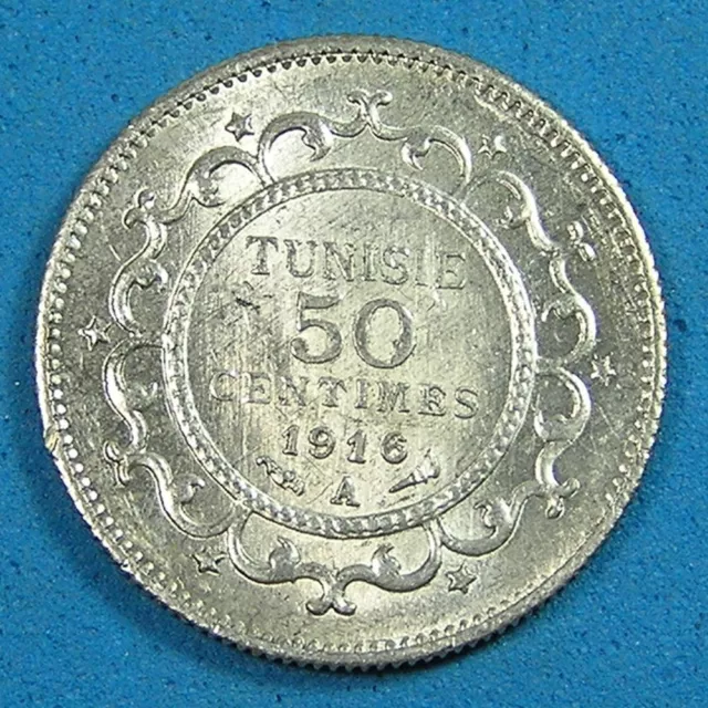 Tunisia 50 Centimes Silver Coin, 1916-A AH-1335 Lustrous UNC, Muhammad al-Nasir