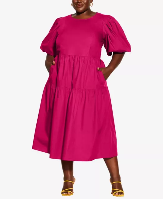 NEW Plus Size CITY CHIC Dark POP PINK Poplin COTTON Tiered VIENNA Midi DRESS 16