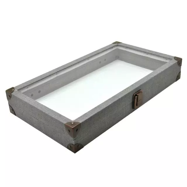 GREY LINEN GLASS TOP WOODEN CASE JEWELRY BOX DISPLAY CASE w/ 20 SLOT TRAY INSERT 3