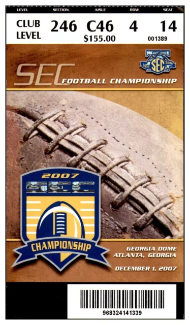 2007 SEC Championship Tennessee Vols v LSU Tigers Football Ticket 89233