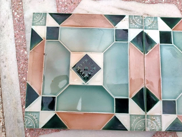 2Pc Antique Majolica Beautiful Art Nouveau Architecture Furniture Tile Japan 2