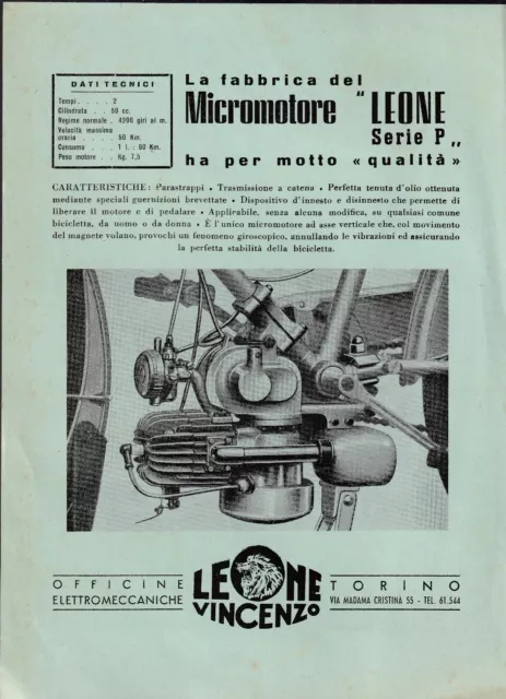 Micromotore Vincenzo Leone Torino - Serie P 50 cc. - Volantino Flyer anni '50 Micromotore Vincenzo Leone Torino - Serie P 50 cc. - Volantino Flyer anni '50
