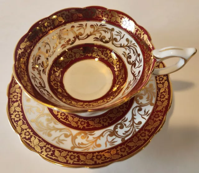 Rare Vtg Royal Staffordshire England Red  Gold Heavy Gilt Footed Teacup & Saucer