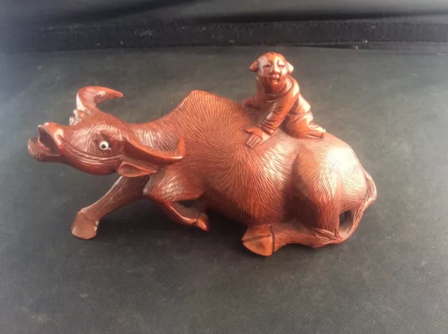 Superb Vintage Chinese Handcarved Wooden Water Buffalo Ox with Figure Glass Eyes