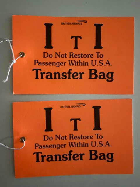 BRITISH AIRWAYS 2 baggage luggage tags ITI Transfer rare 8.04
