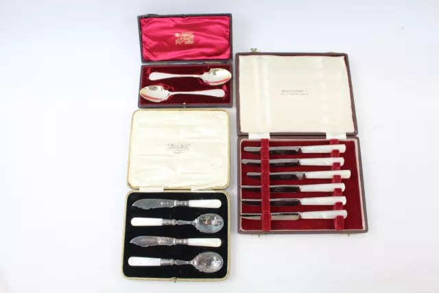 Silver Plate Cutlery Sets Mother Of Pearl Mappin & Webb Spoons Vintage x 3 538g