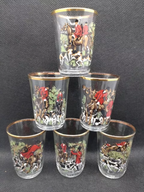 Vintage Set 6 English Fox Hunting Horse Hound Scenes Bar Shot Glasses 1950s