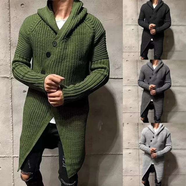 Mens Cardigan Men Sweater Acrylic Long Button Knitted Hooded Outwear Solid