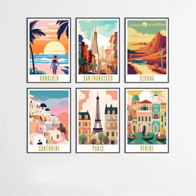Set of 6  Retro Travel Posters, World Cities Wall Art, Vintage Print, Home Decor