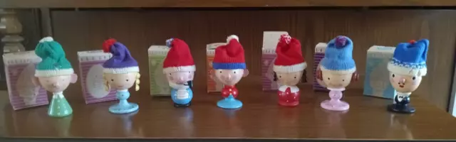 7 Sevi Wooden Egg Cups, Knit Hats, Hand-Made, with Boxes, Made In Italy, 1960's