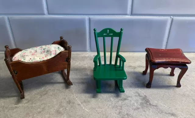 Vintage Dollhouse Miniature Pine Wood Rocking Baby Cradle/Crib, Chair, Table