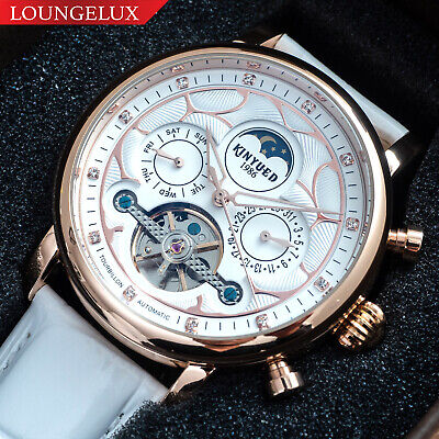 Mens Automatic Mechanical Watch Date Day Rose Gold White Leather Strap