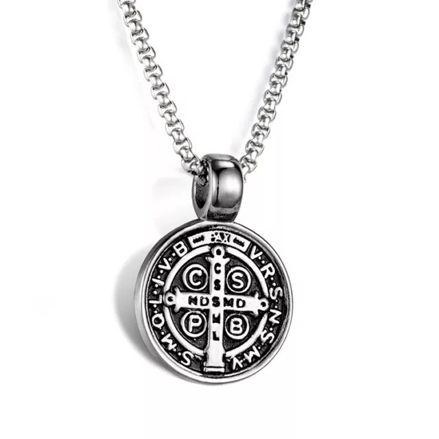 St Saint Benedict Medal Pendant Necklace Stainless Steel Cross Crucifix DEZILOO