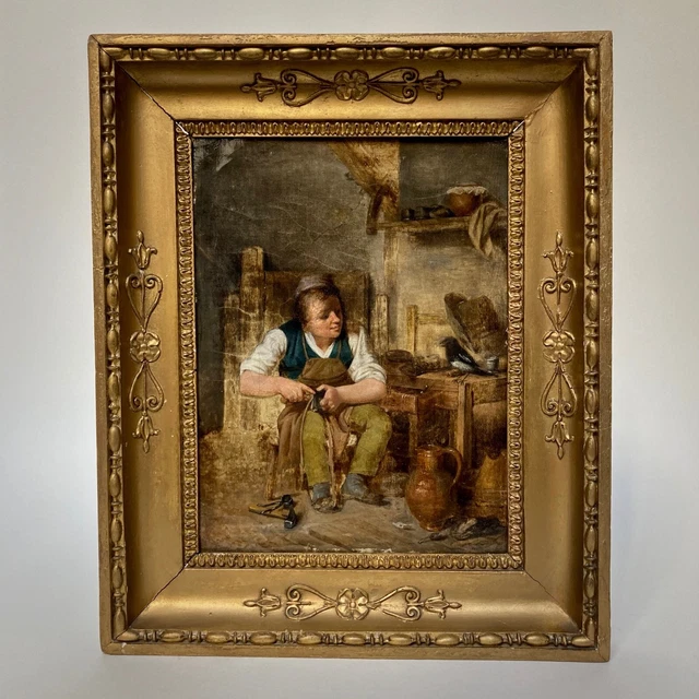 Tableau ancien Jeune artisan dans son atelier - Huile sur toile XIXe cadre doré